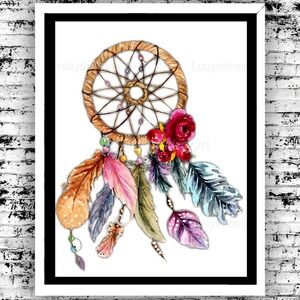 Dream Catcher Wild Roses Bohemian Watercolor Art Print Wall Decor 8.5x11